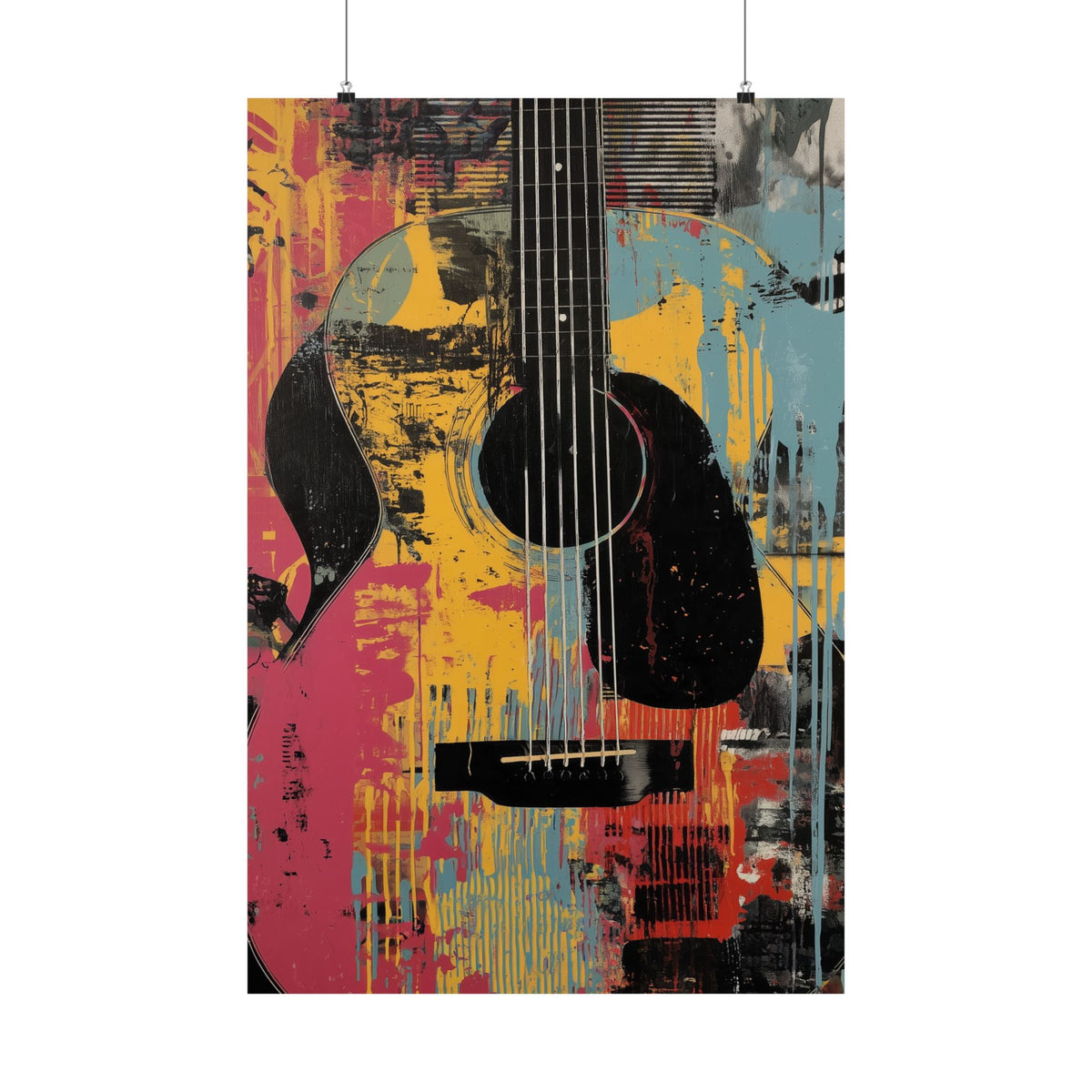 Vintage Acoustic Guitar Art Poster – Colorful Retro Music Wall Art, Abstract Graffiti Guitar Print, Musician Gift, Matte Vertical Poster