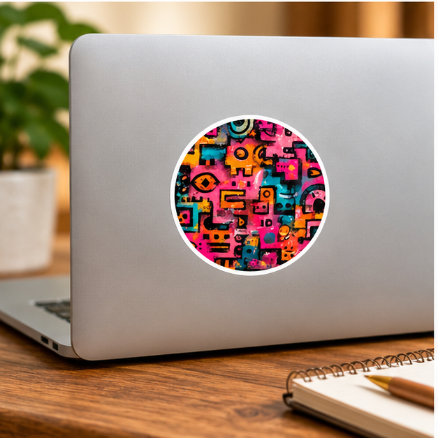 Abstract Neon Geo Round Sticker – Colorful Graffiti Art, Retro Geometric Vinyl Decal, Bold Pop Art Sticker, Funky Laptop & Water Bottle Decor