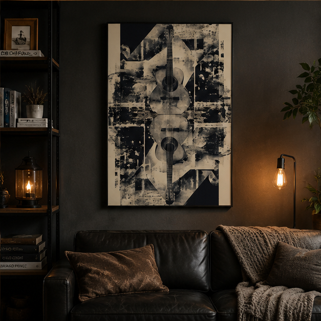 Acoustic Collage Matte Poster Vintage Guitar Wall Art For Living Room Decor Layered Sheet Music Texture