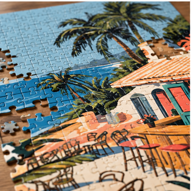 Coastal Café Jigsaw Puzzle — Vintage Beach Scene (110–1014 pcs)