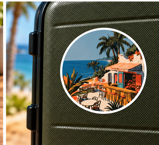 Coastal Café Round Sticker – Vintage Tropical Beach & Palm Tree Sticker