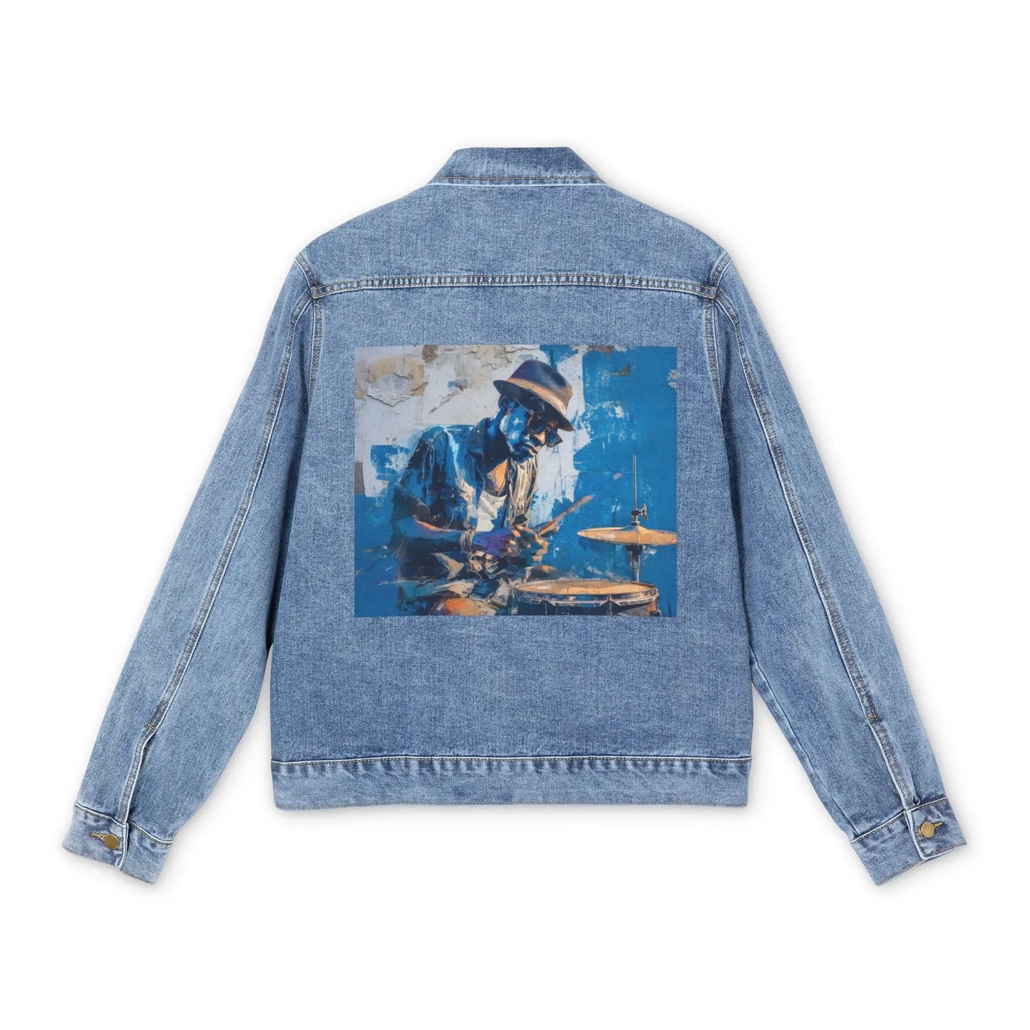 Denim Jacket — Vintage Blues Drummer Back Print - MusicandydesignsOuterwear