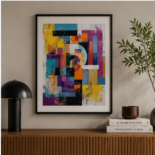 Abstract Geometric Colorblock Poster Matte Vertical Wall Art Teal Mustard Magenta Charcoal Mid Century Modern