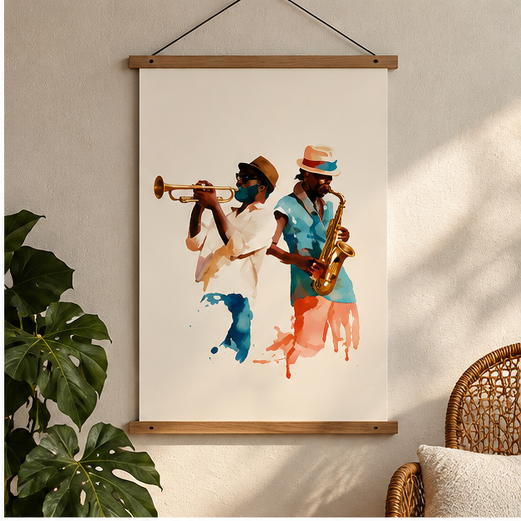Jazz Musicians Watercolor Poster – Vintage Trumpet & Saxophone Wall Art, Retro Jazz Decor, New Orleans Music Print