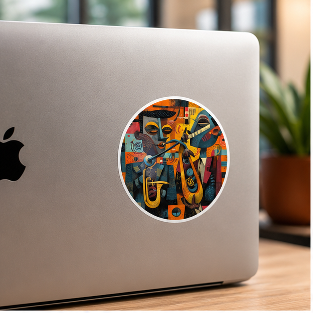 Abstract Jazz Mosaic Round Sticker — Colorful Musician Vinyl Decal (Indoor/Outdoor)