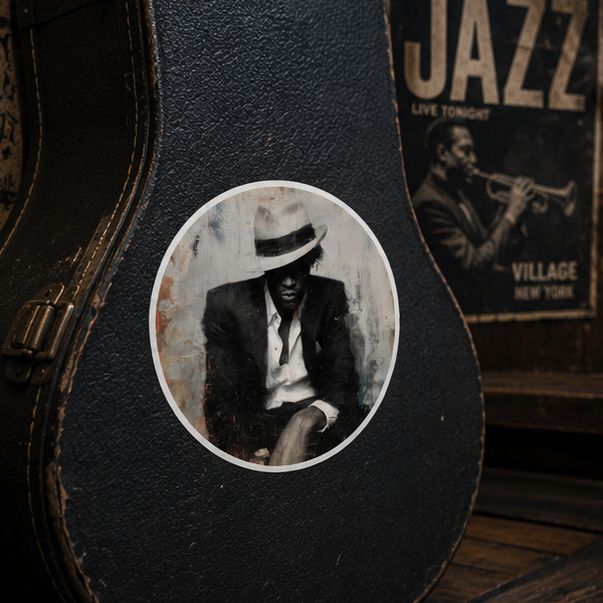 Vintage Jazzman Round Sticker Moody Black And White Musician Design Indoor Outdoor