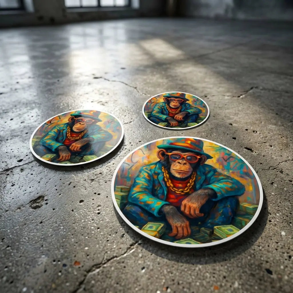 Overhead view of various sizes of Hip Hop Mogul Chimp Stickers arranged on a glossy concrete surface, highlighting texture and bold style.