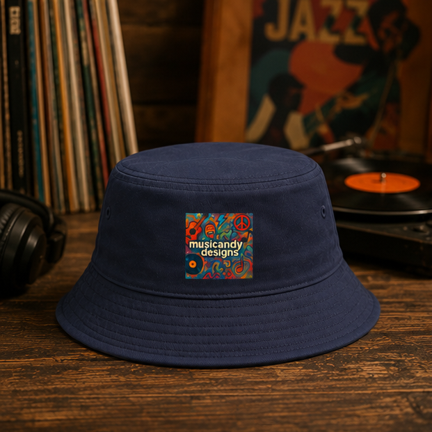 Retro Peace and Vinyl Cotton Bucket Hat in Rust with Musicandy Designs Logo for Sunny Days