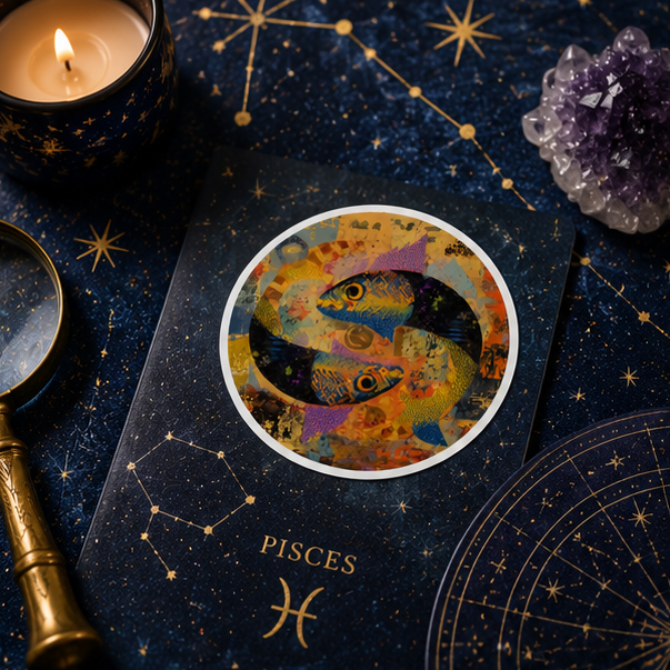 Pisces Fish Round Sticker Colorful Abstract Zodiac Vinyl Decal For Laptops Water Bottles Sketchbooks