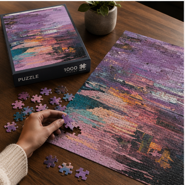 Abstract Purple Sunset Jigsaw Puzzle Impressionist Coastal Reflection Artwork For Quiet Evenings