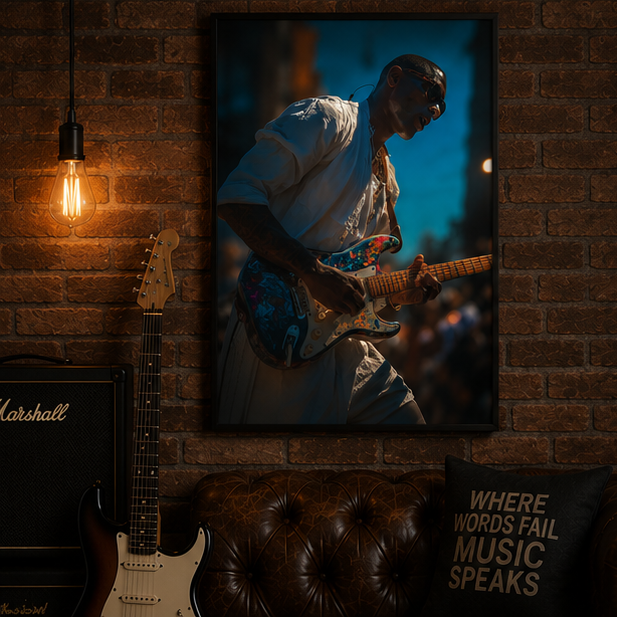Guitarist Night Portrait Matte Vertical Poster Moody Live Music Wall Art Dusk Street Performance