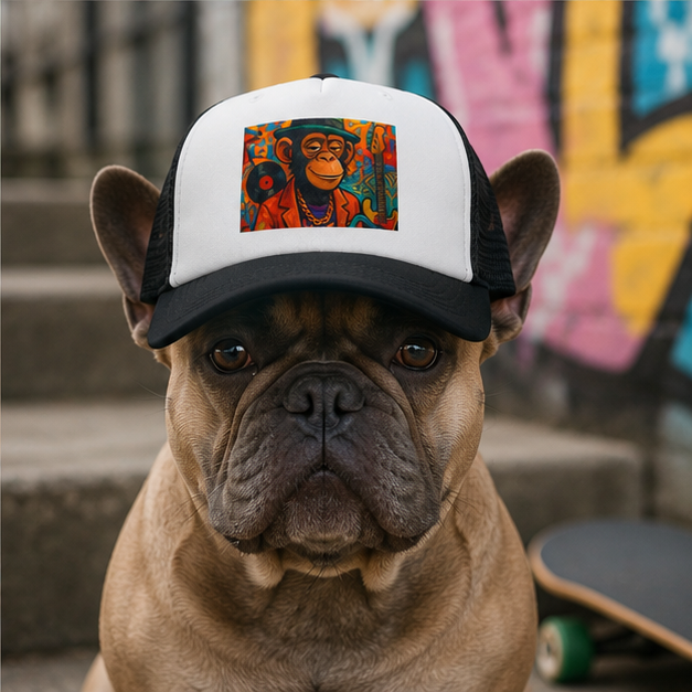 Retro Funk Monkey Dog Trucker Hat With Furfect Fit Adjustable Chin Strap Breathable Mesh Back
