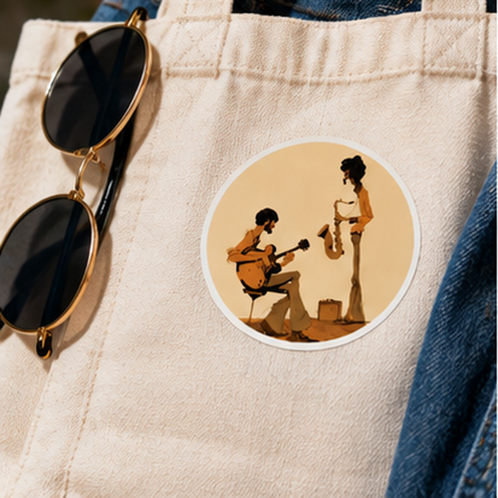 Round Jazz Musicians Sticker, Vintage Guitarist & Saxophone Decal, Retro Music Sticker, 70s Jazz Art, Musician Gift, Guitar Sticker