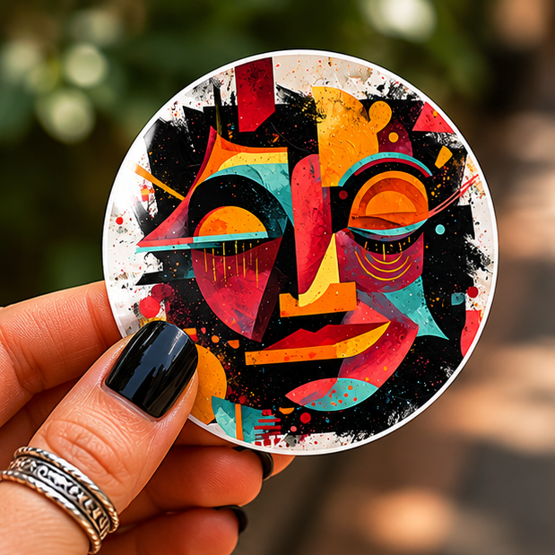 Abstract Face Round Sticker Colorful Urban Art Indoor Outdoor Vinyl Decal Laminated Finish
