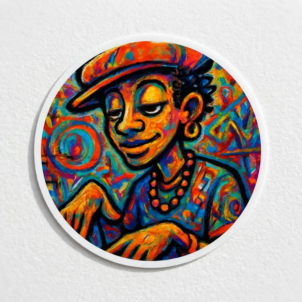 Minimalistic flat lay of the Street Groove sticker on a white textured background, emphasizing sharp details and vibrant colors.