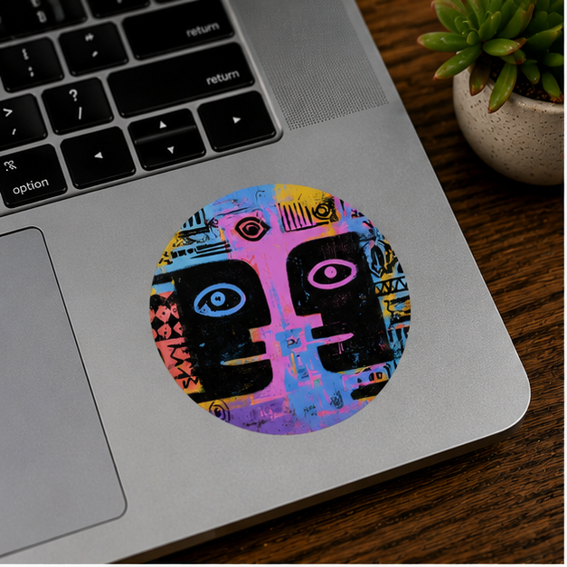Abstract Tribal Faces Round Vinyl Sticker Colorful Urban Art Decal For Laptops Water Bottles Journals Skateboards