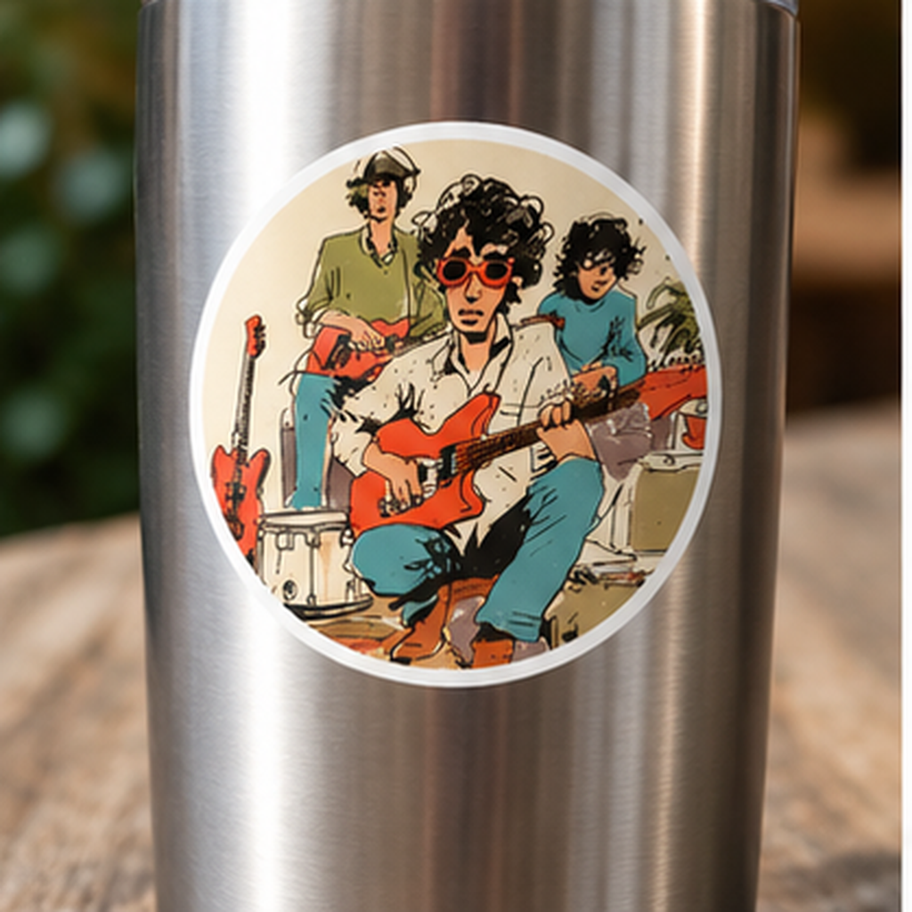 Vintage Band Sticker, Retro Indie Rock Sticker, Guitar Player Decal, Musician Gift, Round Music Sticker, Garage Band Art, Guitarist Gift