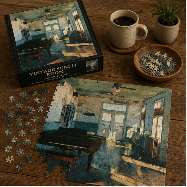 Vintage Sunlit Room Jigsaw Puzzle With Piano And Afternoon Shadows Available In 110 252 520 And 1014 Pieces