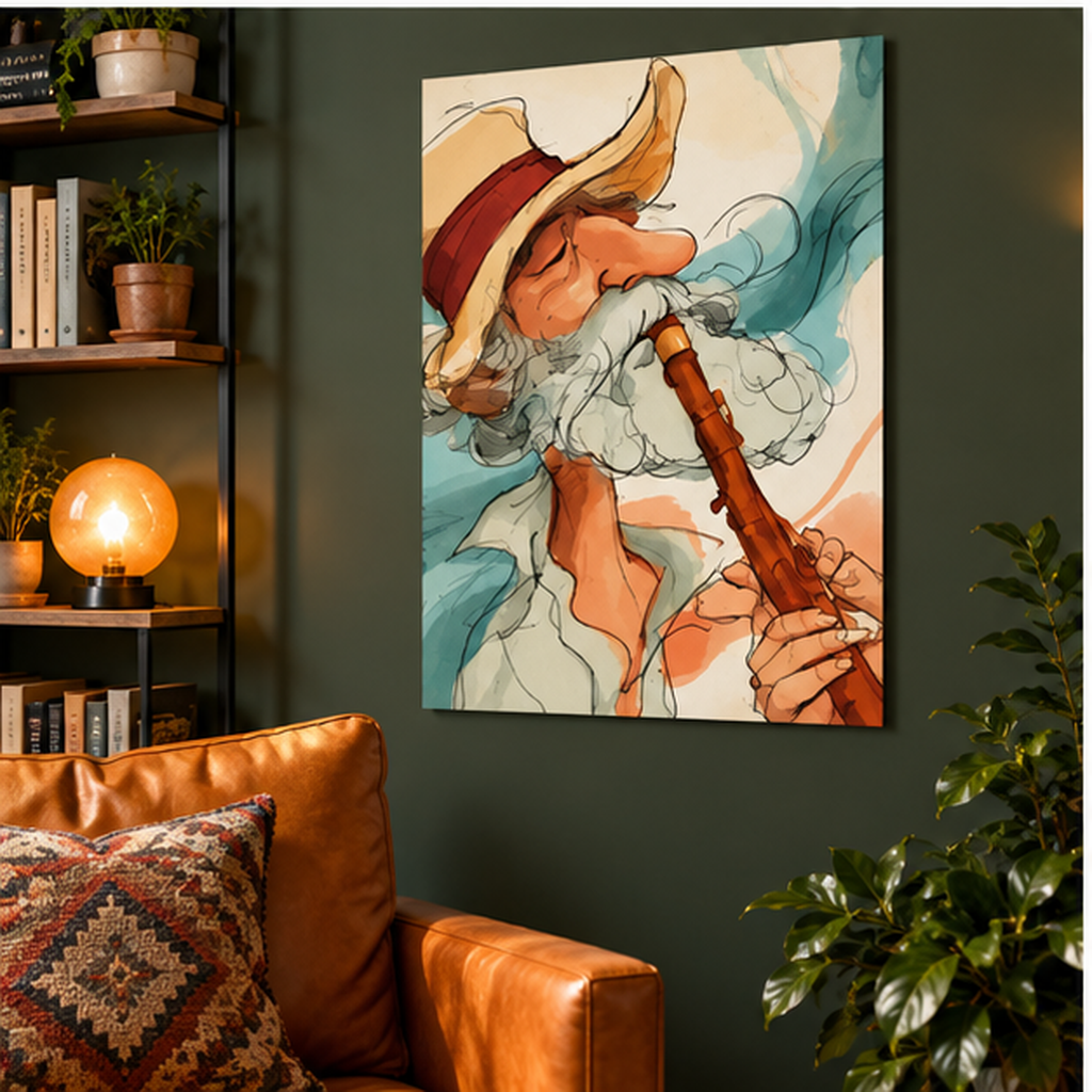 Whimsical Santa Flute Player Poster – Vintage Watercolor Music Art, Retro Fantasy Wall Decor, Boho Musician Print, Matte Vertical Poster