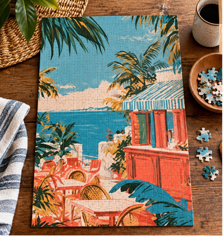 Tropical Beach Cafe Puzzle – Vintage Coastal Jigsaw Puzzle, Retro Palm Tree Ocean Art, Colorful Summer Cafe Puzzle, Beach Lover Gift