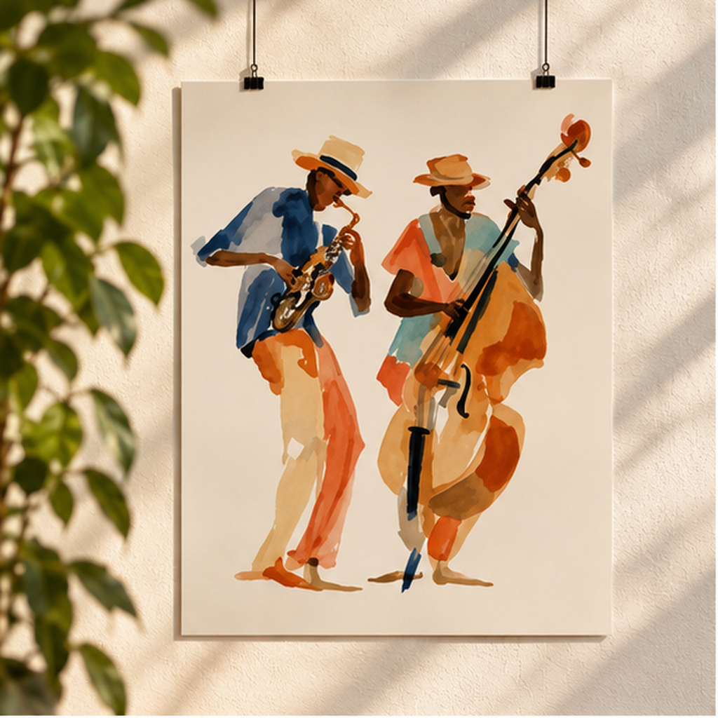 Jazz Duo Watercolor Poster – Saxophone & Upright Bass Wall Art, Vintage Jazz Print, Musician Decor, Colorful Music Art