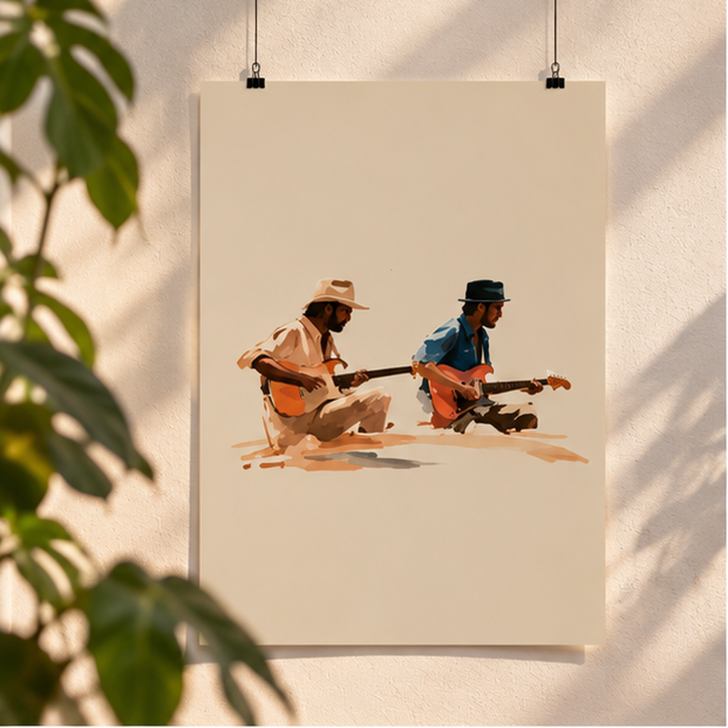 Acoustic Guitar Duo Matte Poster – Watercolor Music Wall Art, Vintage Musician Print, Guitar Lover Decor, Indie Folk Art