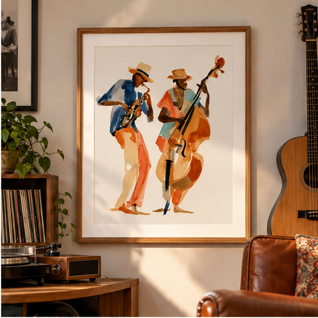 Jazz Duo Watercolor Poster – Saxophone & Upright Bass Wall Art, Vintage Jazz Print, Musician Decor, Colorful Music Art
