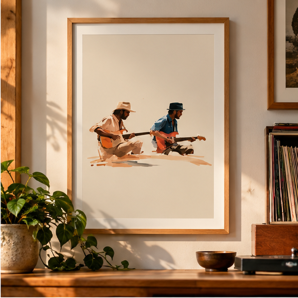 Acoustic Guitar Duo Matte Poster – Watercolor Music Wall Art, Vintage Musician Print, Guitar Lover Decor, Indie Folk Art
