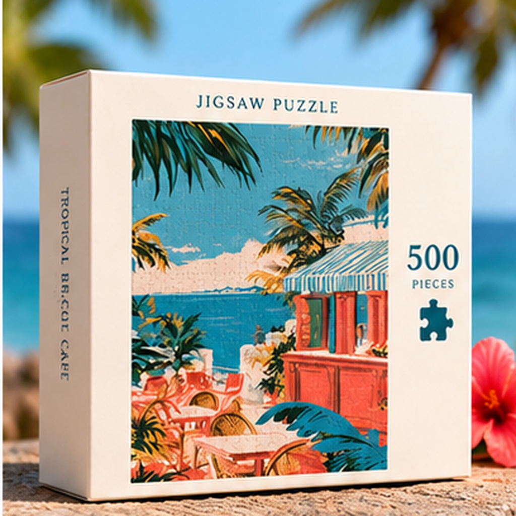 Tropical Beach Cafe Puzzle – Vintage Coastal Jigsaw Puzzle, Retro Palm Tree Ocean Art, Colorful Summer Cafe Puzzle, Beach Lover Gift