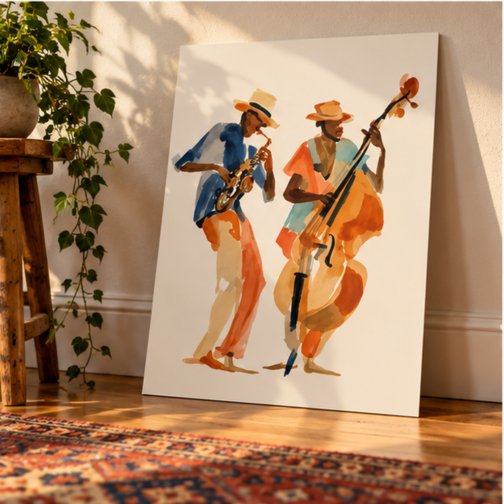 Jazz Duo Watercolor Poster – Saxophone & Upright Bass Wall Art, Vintage Jazz Print, Musician Decor, Colorful Music Art