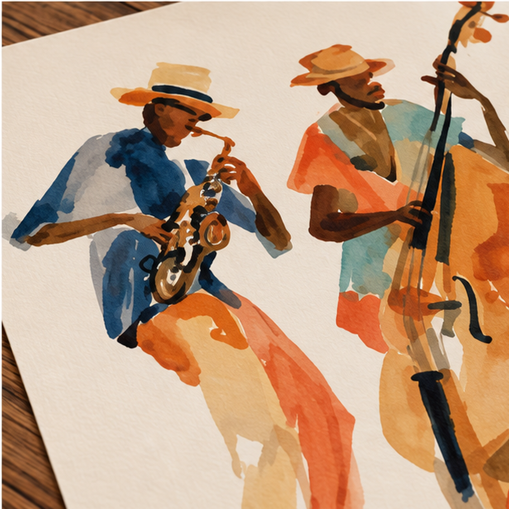Jazz Duo Watercolor Poster – Saxophone & Upright Bass Wall Art, Vintage Jazz Print, Musician Decor, Colorful Music Art