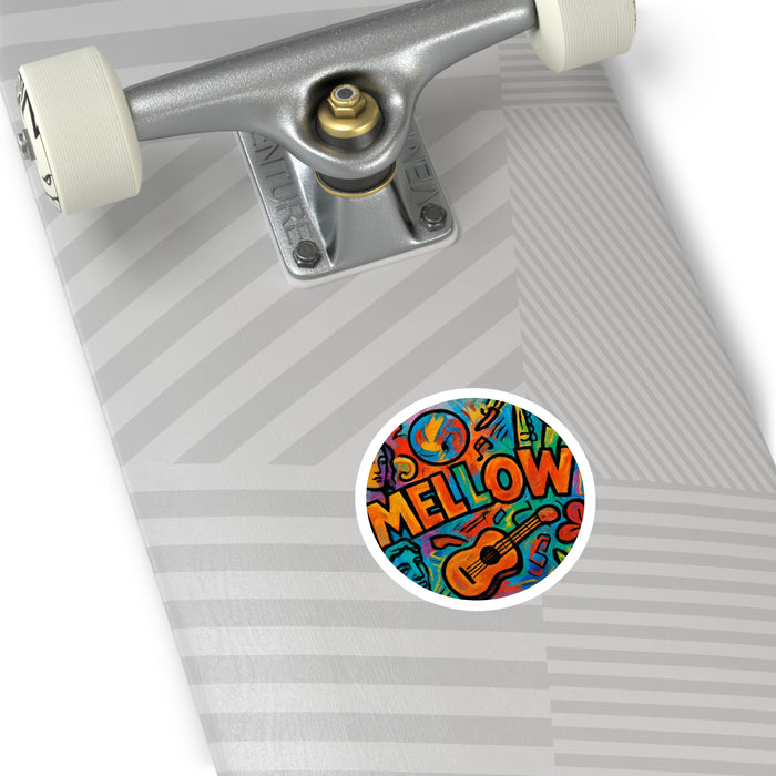 Mellow Music Round Sticker — Colorful Guitar & Vibes Vinyl Decal (Indoor/Outdoor)