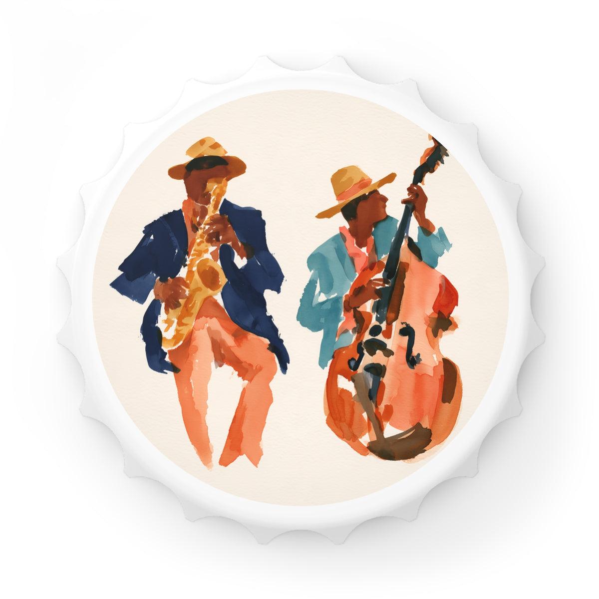 Jazz Duo Bottle Opener – Watercolor Saxophone & Bass Music Art – Vintage Musician Bottle Opener – Jazz Lover Gift