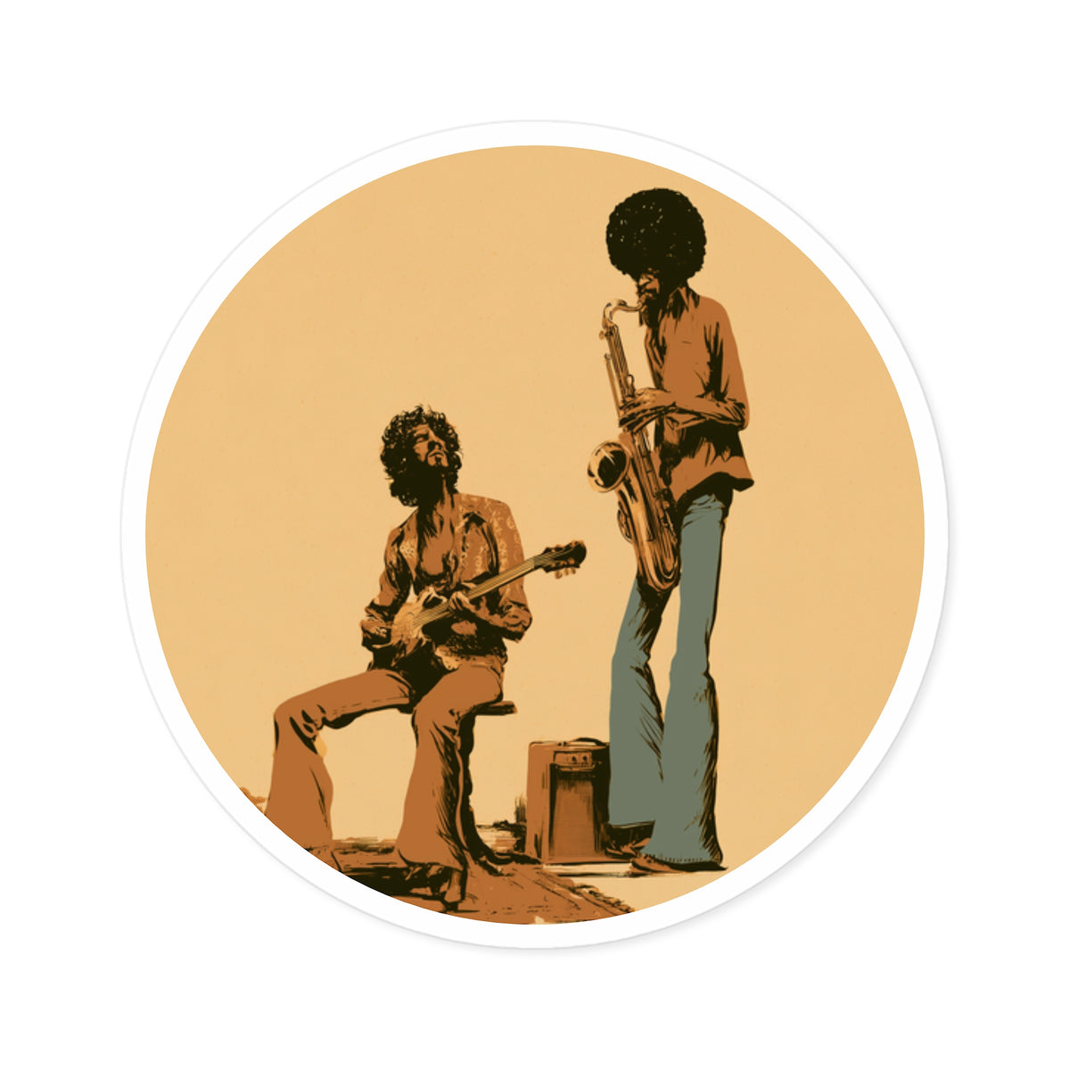 Retro Jazz Musicians Round Sticker, Vintage Guitar & Saxophone Decal, 70s Music Sticker, Jazz Lover Gift, Musician Vinyl Decal