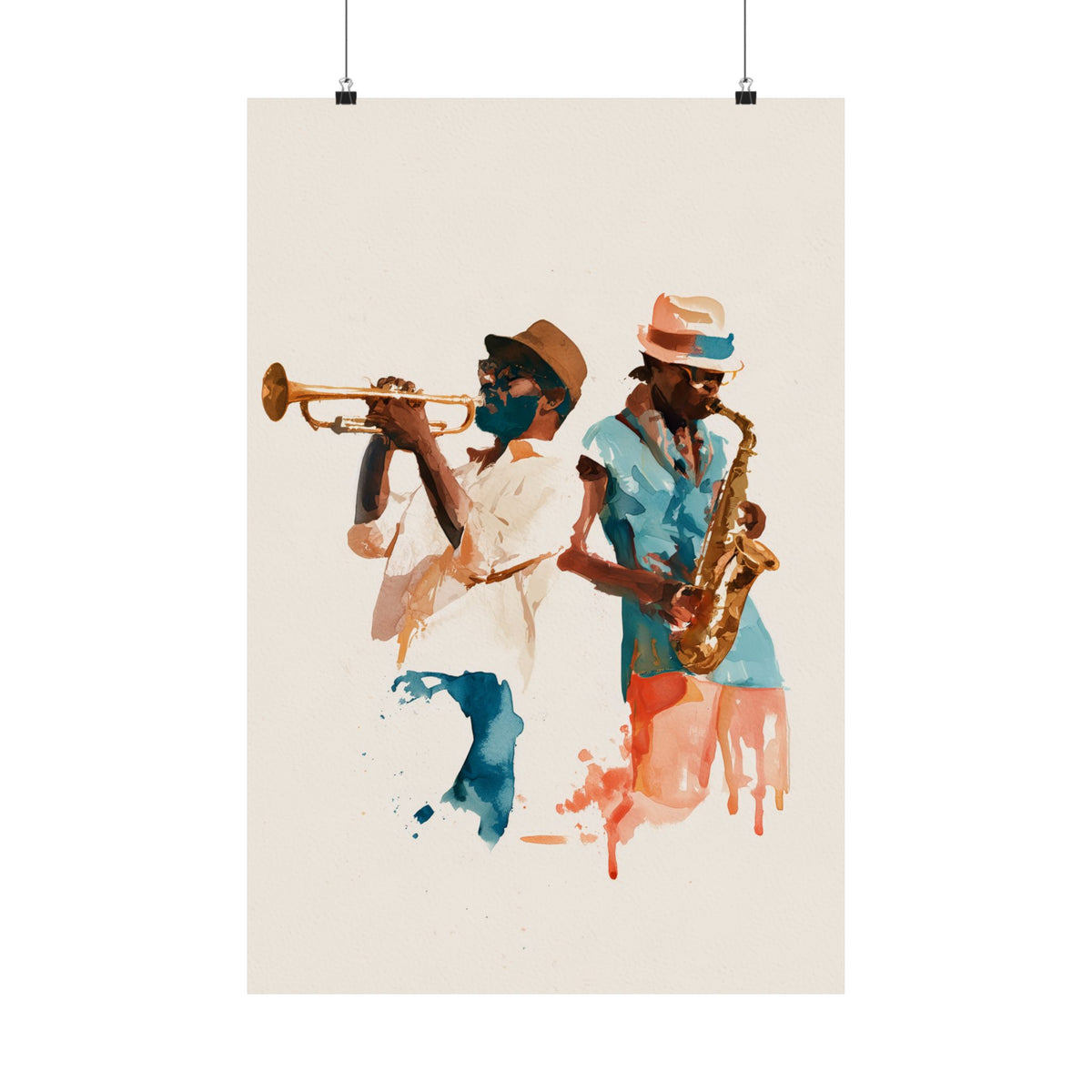 Jazz Musicians Watercolor Poster – Vintage Trumpet & Saxophone Wall Art, Retro Jazz Decor, New Orleans Music Print