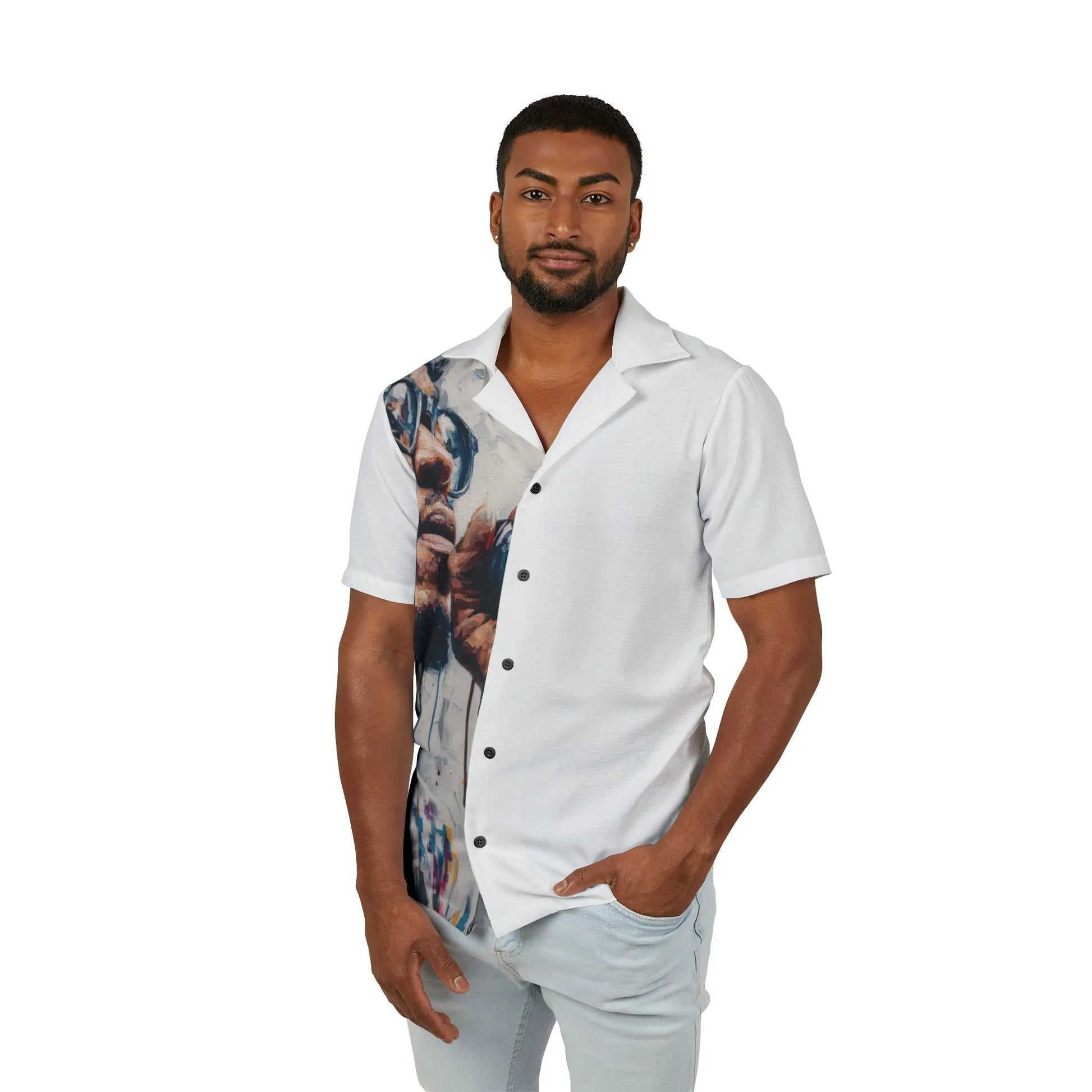 Half Graphic Hawaiian Camp Shirt With Urban Mural Portrait For Men Button Up Linen Texture Polyester Printify
