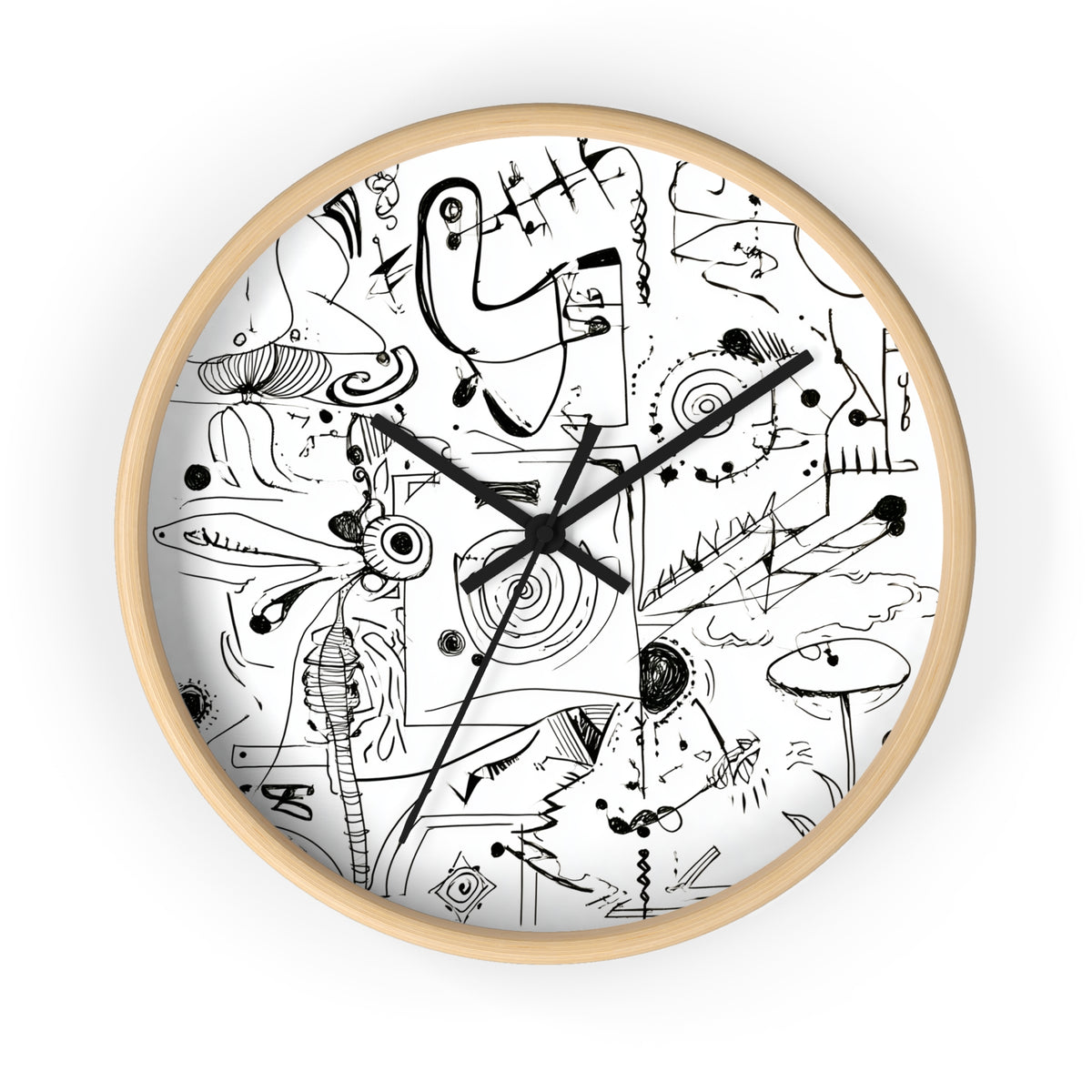 Abstract Doodle Art Wall Clock | Monochrome Sketch Illustration
