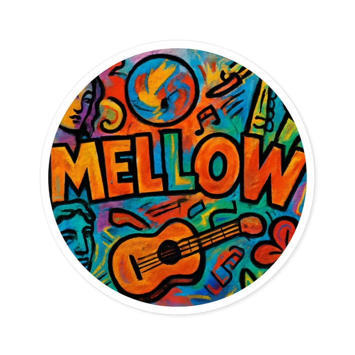 Mellow Music Round Sticker — Colorful Guitar & Vibes Vinyl Decal (Indoor/Outdoor)