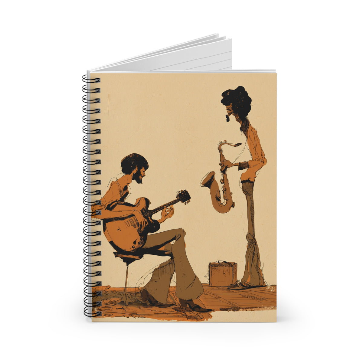 Jazz Musicians Spiral Notebook, Vintage Guitar & Saxophone Journal, Retro 70s Music Notebook, Jazz Lover Gift, Musician Journal