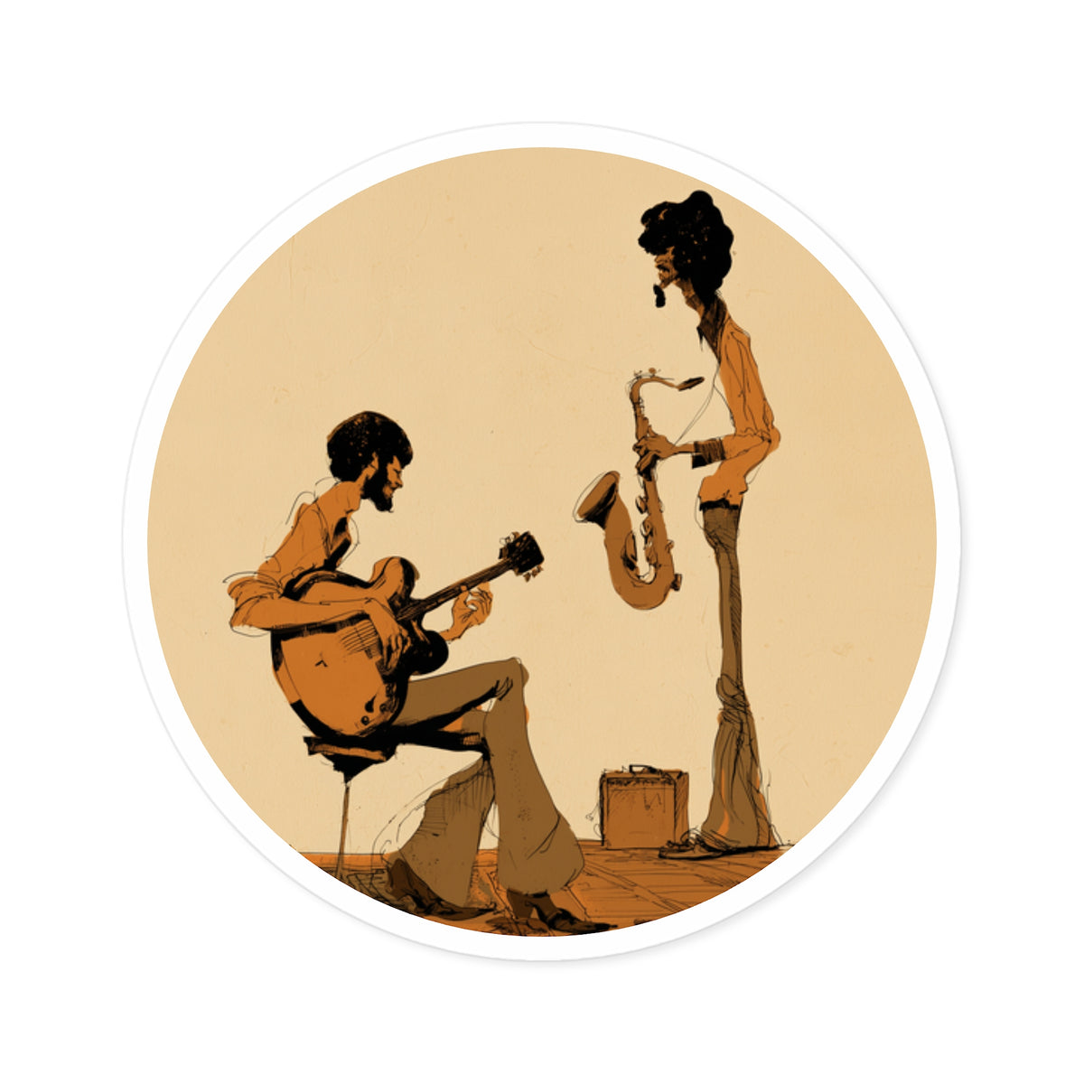 Round Jazz Musicians Sticker, Vintage Guitarist & Saxophone Decal, Retro Music Sticker, 70s Jazz Art, Musician Gift, Guitar Sticker