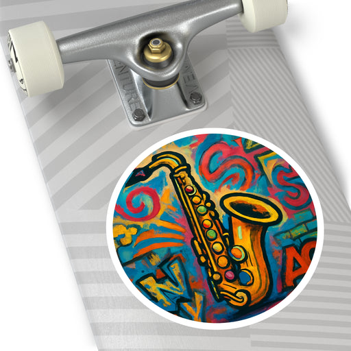 Saxophone Graffiti Round Sticker — Colorful Jazz Music Decal (Indoor/Outdoor)