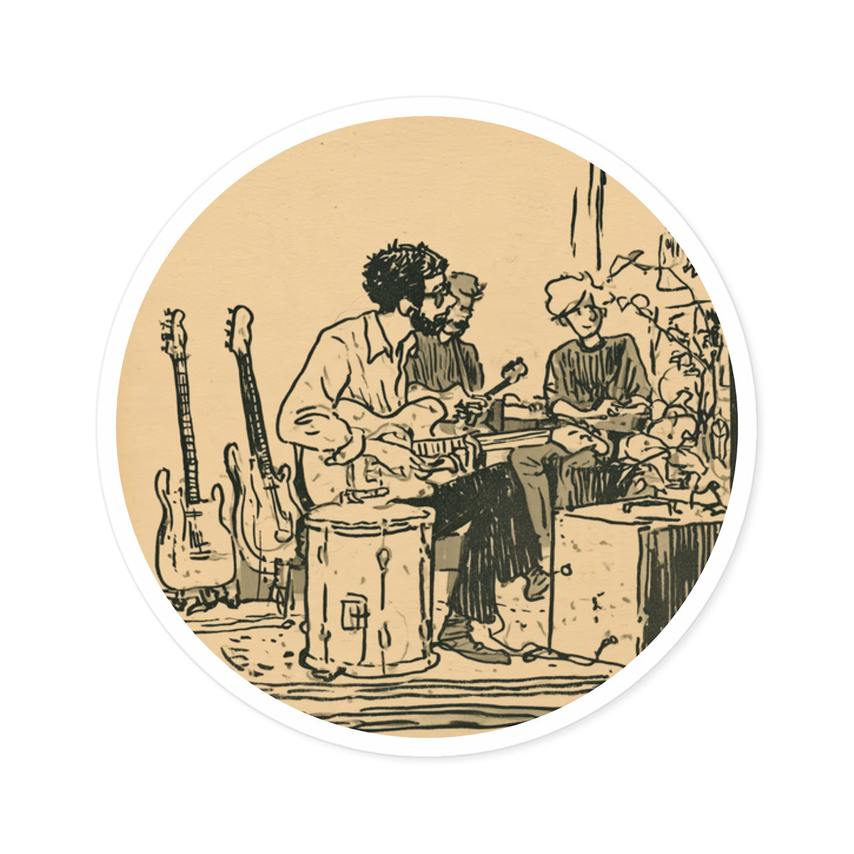 Vintage Musician Band Sticker, Retro Music Round Sticker, Guitar Player Art, Indie Band Decal, Music Lover Gift, Vintage Music Art