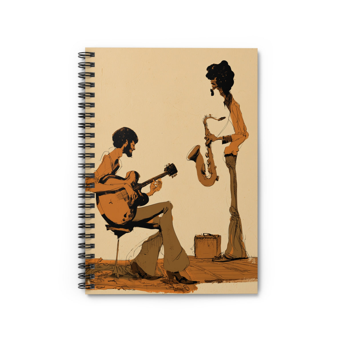 Jazz Musicians Spiral Notebook, Vintage Guitar & Saxophone Journal, Retro 70s Music Notebook, Jazz Lover Gift, Musician Journal