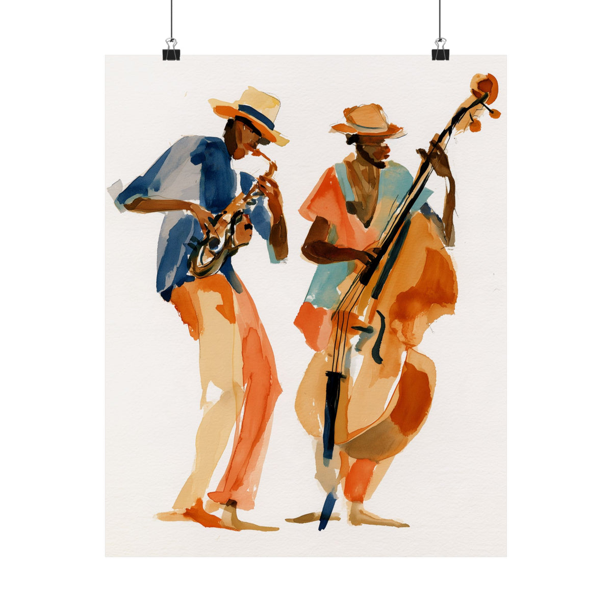 Jazz Duo Watercolor Poster – Saxophone & Upright Bass Wall Art, Vintage Jazz Print, Musician Decor, Colorful Music Art