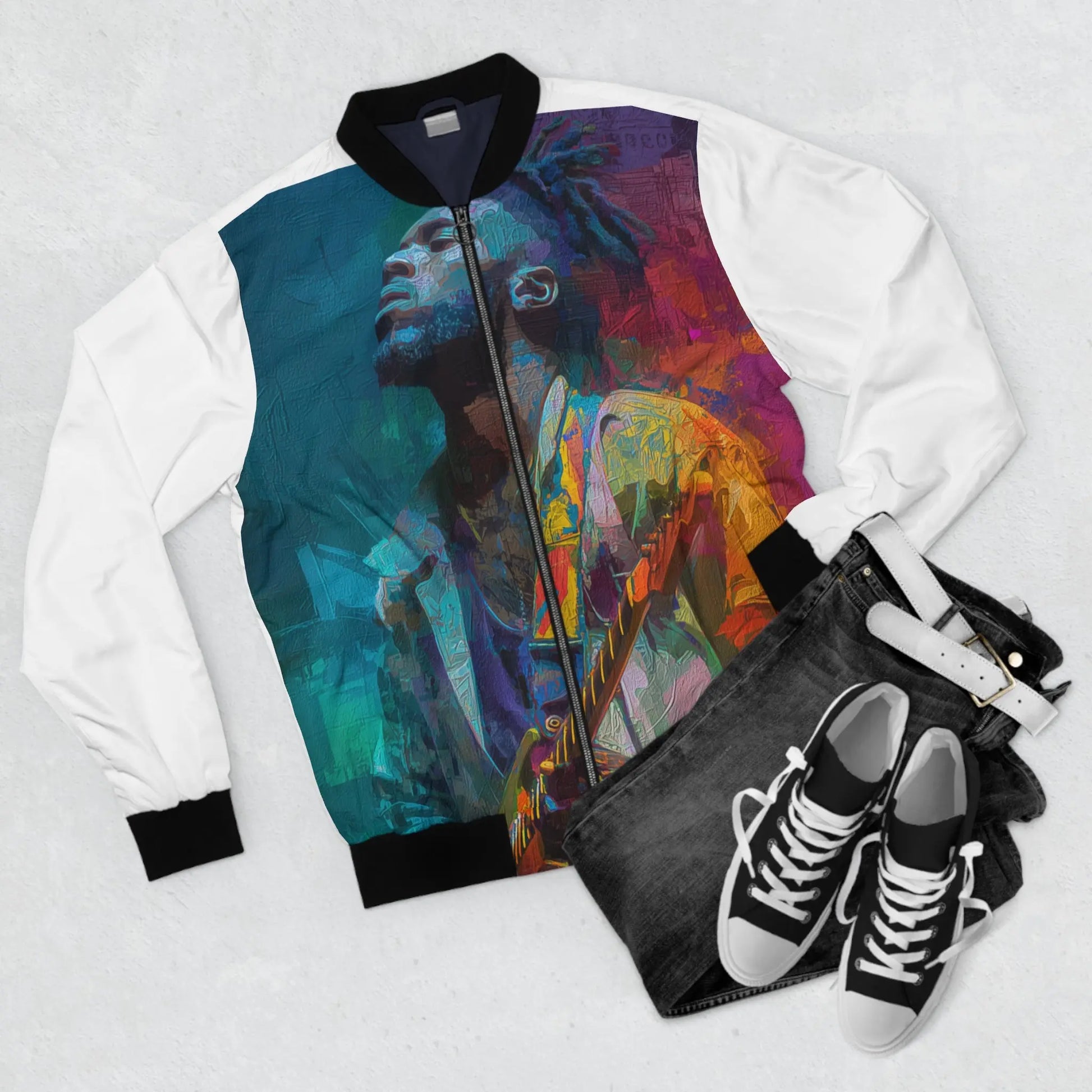 Colorful Guitarist Art Bomber Jacket With Bold Teal Magenta Amber Front Print And Black Rib Knit Trim Printify