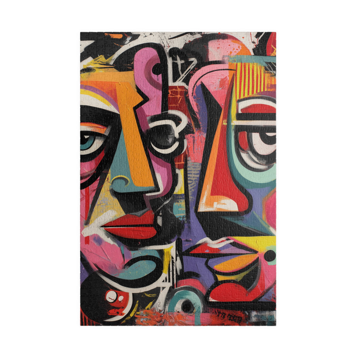 Abstract street art jigsaw puzzle packaging displayed on a wooden tabletop