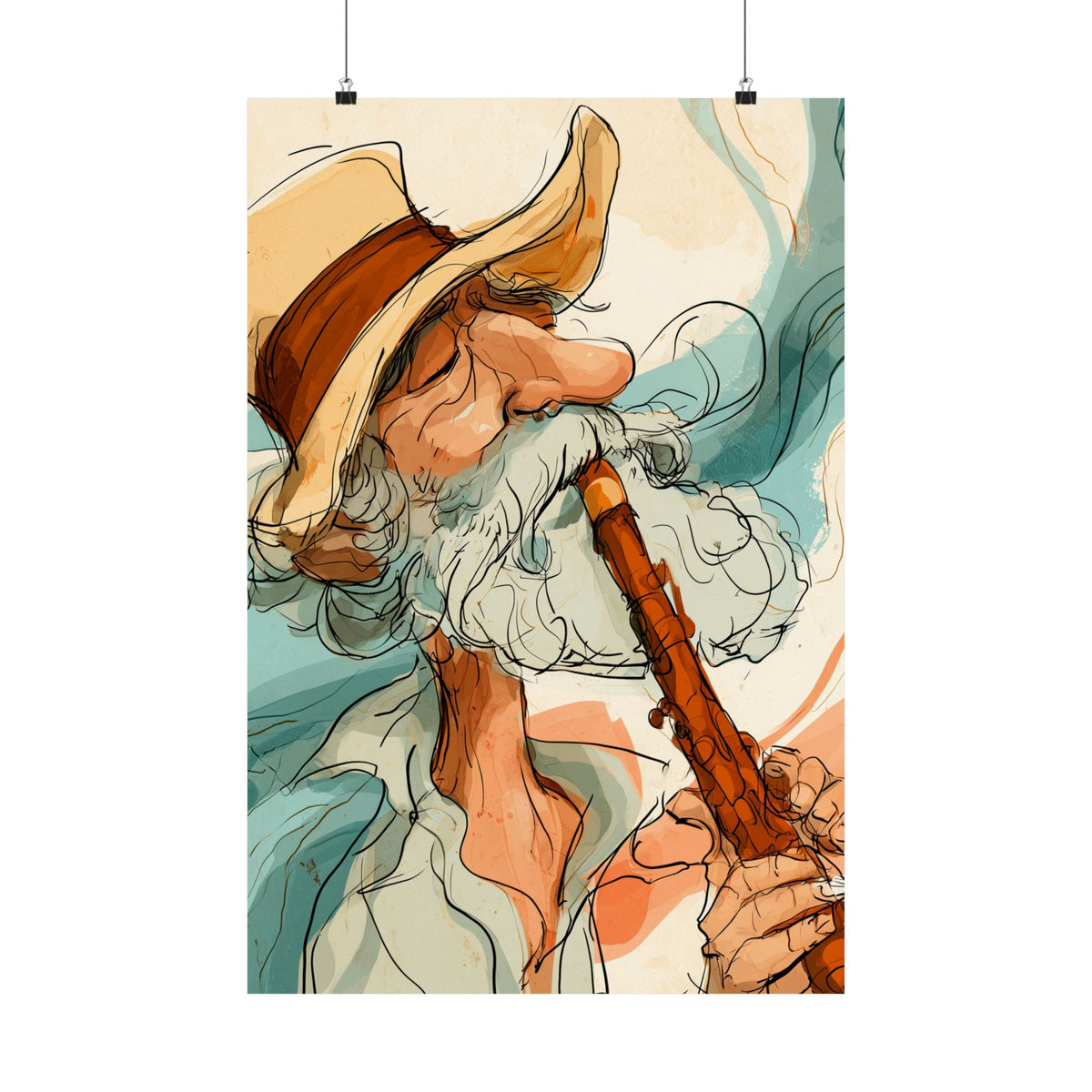 Whimsical Santa Flute Player Poster – Vintage Watercolor Music Art, Retro Fantasy Wall Decor, Boho Musician Print, Matte Vertical Poster