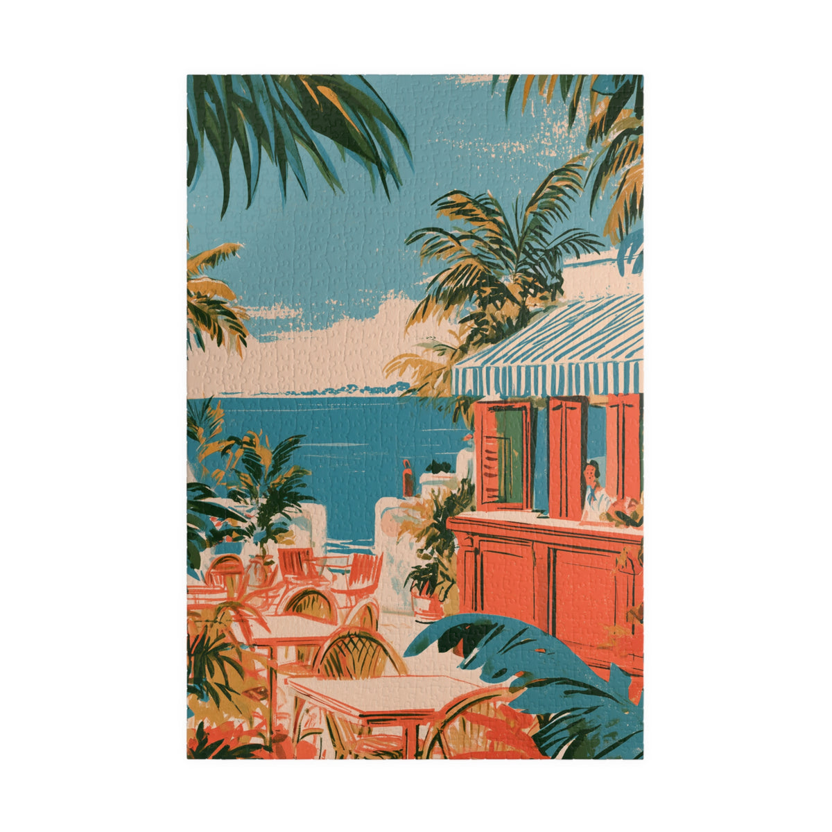Tropical Beach Cafe Puzzle – Vintage Coastal Jigsaw Puzzle, Retro Palm Tree Ocean Art, Colorful Summer Cafe Puzzle, Beach Lover Gift