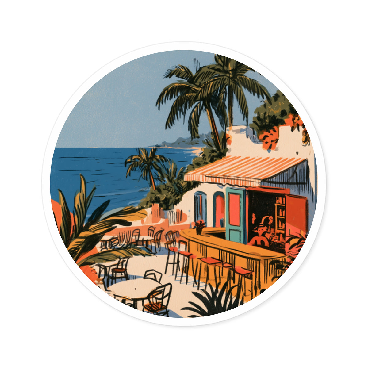 Coastal Café Round Sticker – Vintage Tropical Beach & Palm Tree Sticker