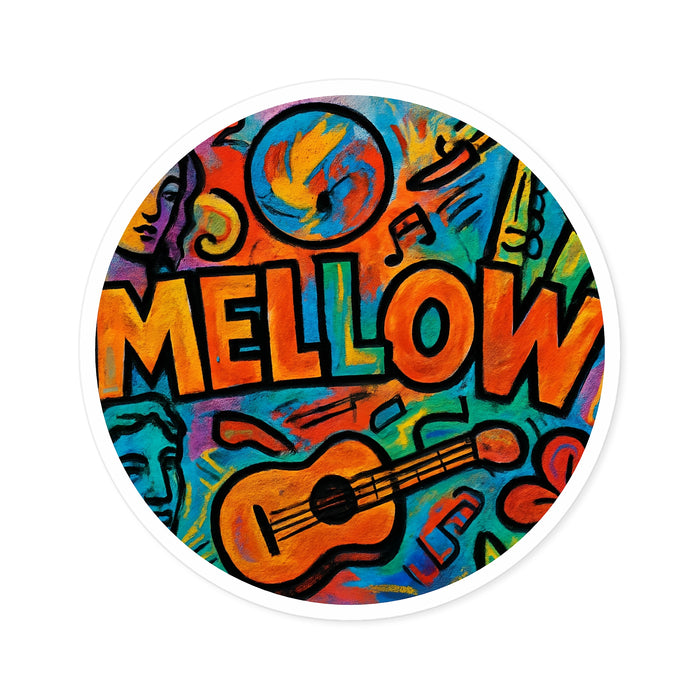 Mellow Music Round Sticker — Colorful Guitar & Vibes Vinyl Decal (Indoor/Outdoor)